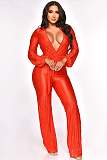 V Neck Lace Up Floor Length Wide Leg Pleated Jumpsuits OSM-4379