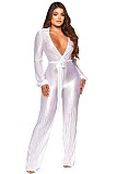 V Neck Lace Up Floor Length Wide Leg Pleated Jumpsuits OSM-4379