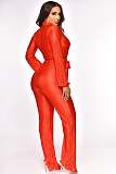 V Neck Lace Up Floor Length Wide Leg Pleated Jumpsuits OSM-4379