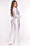 V Neck Lace Up Floor Length Wide Leg Pleated Jumpsuits OSM-4379