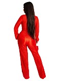 V Neck Lace Up Floor Length Wide Leg Pleated Jumpsuits OSM-4379