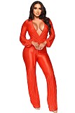 V Neck Lace Up Floor Length Wide Leg Pleated Jumpsuits OSM-4379
