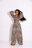 Leopard Tie Up Crop Top Wide Leg Pants Outfits XMY-9394