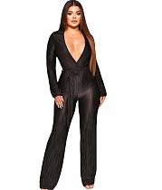 V Neck Lace Up Floor Length Wide Leg Pleated Jumpsuits OSM-4379