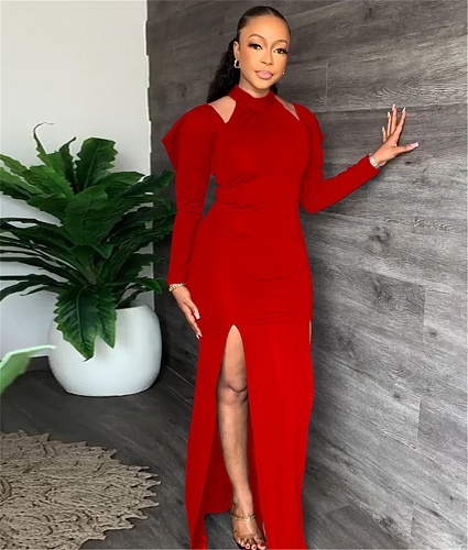 Cut Out Long Sleeve High Slit Elegant Evening Dress MEI-9282