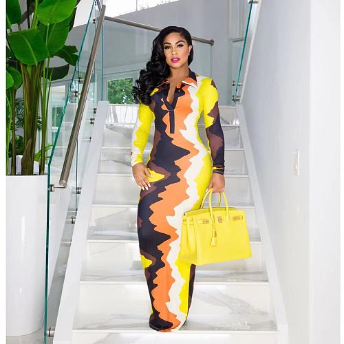 Tie Dye Long Sleeve Lapel Floor Length Maxi Dress OD-8515