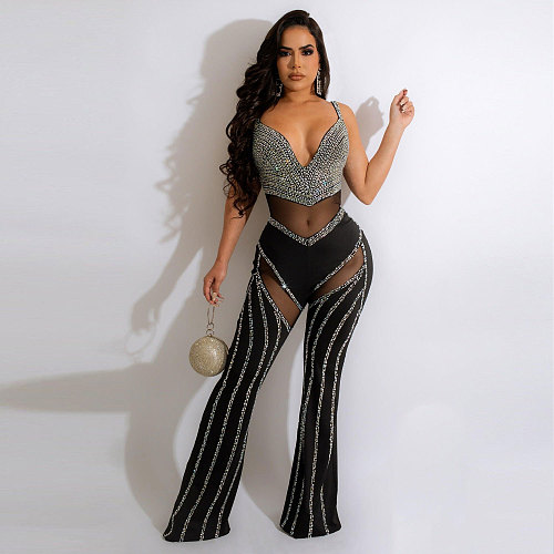Deep V Backless Sling Hot Drilling Nightclub Jumpsuit NY-2572