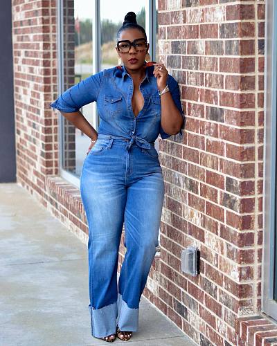 Denim Turn Down Collar Shirt Straight Jeans 2 Piece Set OD-8513