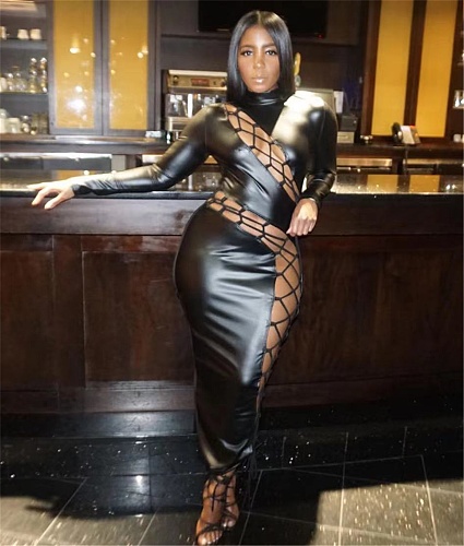 Sexy Cut Out Bandage High Waist PU Leather Dresses OD-8514