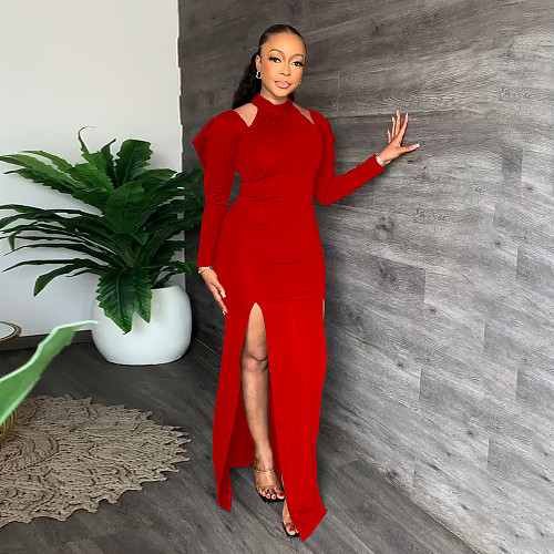 Cut Out Long Sleeve High Slit Elegant Evening Dress MEI-9282