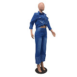 Denim Turn Down Collar Shirt Straight Jeans 2 Piece Set OD-8513