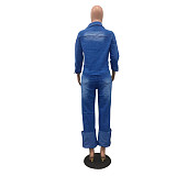 Denim Turn Down Collar Shirt Straight Jeans 2 Piece Set OD-8513