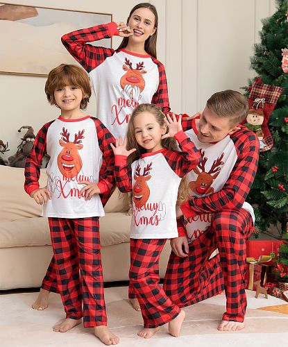 Christmas Cartoon Deer Plaid Parent-Child Sleepwear 2PCS ZY-22-009