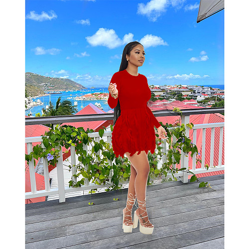 O Neck Long Sleeve Bodycon Tassels Mini Dress MDF-5334
