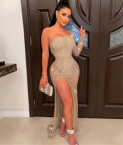One Shoulder See-through Hot Diamond Evening Dress NY-2573