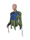 Denim Patchwork Puff Sleeve Streetwear Blouse Tops ZAND-31259