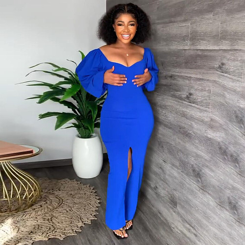Puff Sleeve Elegant Slit Evening Party Maxi Dress MEI-9283