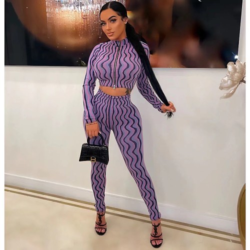 Wave Striped Long Sleeve Crop Top Legging Pants Set OY-6382