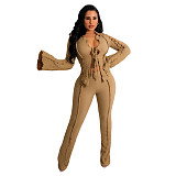 Flare Sleeve Lace Up Crop Top and Pants 2 Pcs Set CN-0199