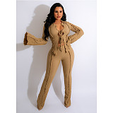 Flare Sleeve Lace Up Crop Top and Pants 2 Pcs Set CN-0199