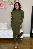 Turtleneck Shirring Sleeves Blouse Pencil Pants Suit TB-5596