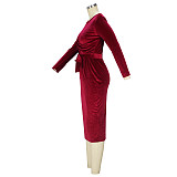 Velvet Long Sleeve Lace Up Bodycon Midi Dresses JLY-19471