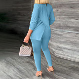 Turtleneck Long Sleeve Slit Tops Pencil Pants 2pcs Suit NY-2595