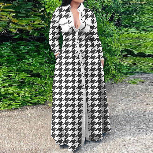 Chic Plaid Print Turn Down Neck Maxi Shirt Dresses NY-10333
