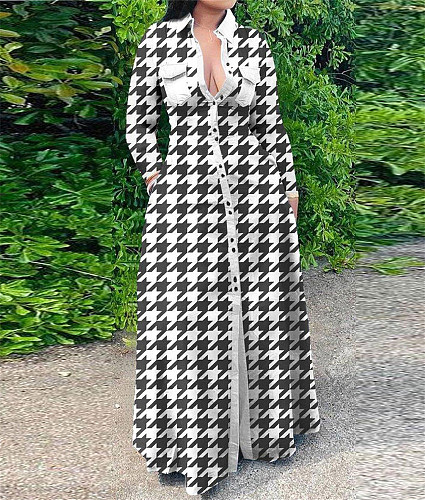 Chic Plaid Print Turn Down Neck Maxi Shirt Dresses NY-10333