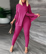 Turtleneck Long Sleeve Slit Tops Pencil Pants 2pcs Suit NY-2595