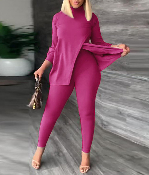 Turtleneck Long Sleeve Slit Tops Pencil Pants 2pcs Suit NY-2595