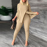 Turtleneck Long Sleeve Slit Tops Pencil Pants 2pcs Suit NY-2595