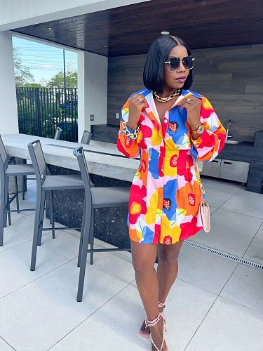 Turn Down Collar Single breasted Floral Print Shirt Dress QZX-6267