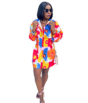 Turn Down Collar Single breasted Floral Print Shirt Dress QZX-6267