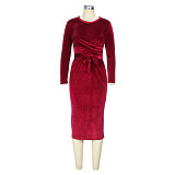 Velvet Long Sleeve Lace Up Bodycon Midi Dresses JLY-19471