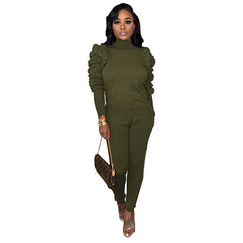 Turtleneck Shirring Sleeves Blouse Pencil Pants Suit TB-5596