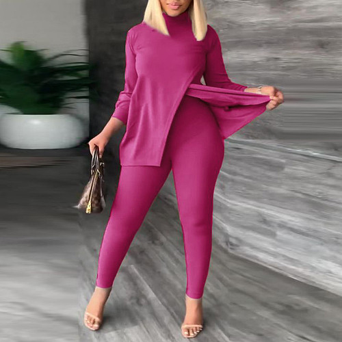 Turtleneck Long Sleeve Slit Tops Pencil Pants 2pcs Suit NY-2595