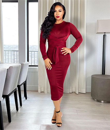 Velvet Long Sleeve Lace Up Bodycon Midi Dresses JLY-19471