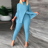 Turtleneck Long Sleeve Slit Tops Pencil Pants 2pcs Suit NY-2595