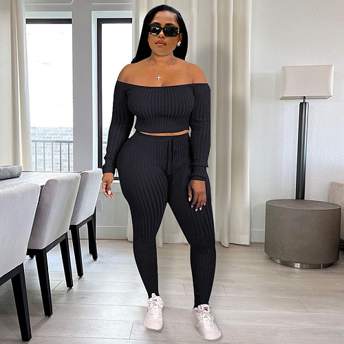 Off Shoulder Long Sleeve Crop Tops Leggings Set JLY-19474