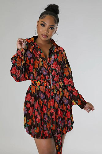Floral Print Single Breasted with Sashes Pleated Dresses HEJ-22S8226