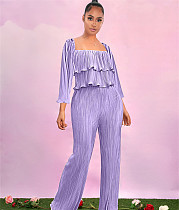 Pleated Square Collar Crop Tops and Wide Leg Pants Suit HEJ-22S8236