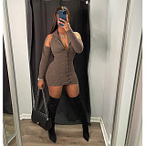 Autumn Ribbed Long Sleeve Lapel Bodycon Mini Dress DY-6913