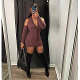 Autumn Ribbed Long Sleeve Lapel Bodycon Mini Dress DY-6913