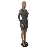 Autumn Ribbed Long Sleeve Lapel Bodycon Mini Dress DY-6913