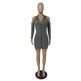 Autumn Ribbed Long Sleeve Lapel Bodycon Mini Dress DY-6913