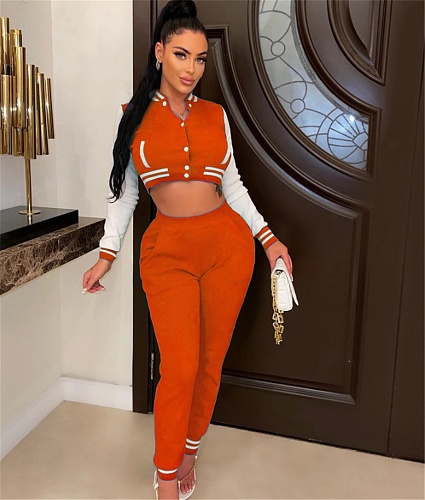 Patchwork Baseball Jackets Crop Top And Pants Suit WSM-5335