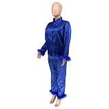 Feather Spliced Long Sleeve Shirt Straight Pants Suit WSY-5956