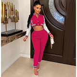 Patchwork Baseball Jackets Crop Top And Pants Suit WSM-5335