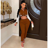 Patchwork Baseball Jackets Crop Top And Pants Suit WSM-5335